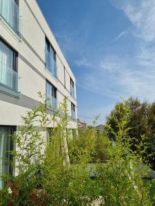 un grand bâtiment avec des arbres devant lui dans l'établissement Hotel Jona, à Podstrana