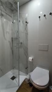 a bathroom with a glass shower with a toilet at DOMI Suites & Studios in Guimarães