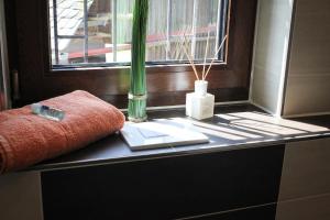 ein Fensterbrett mit einem Handtuch und einem Buch in der Unterkunft Hotel Rosenhof Garni in Pegnitz