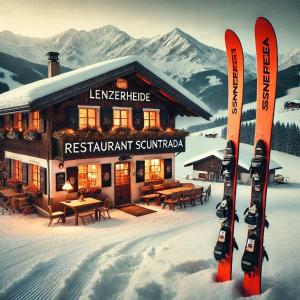 dwa narty na śniegu przed domkiem w obiekcie Winterzsuber Lenzerheide w mieście Lenzerheide