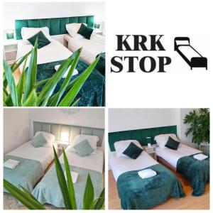 a collage of four pictures of a hotel room with beds at KRK stop in Cholerzyn