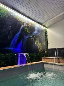 einen Pool mit Wasserfall und ein Gemälde an der Wand in der Unterkunft Hotel Onix in Viseu