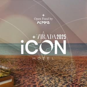 een poster van een strand met de woorden open eten per pinautomaat en uitzicht bij Icon Hotel by Welkom in João Pessoa