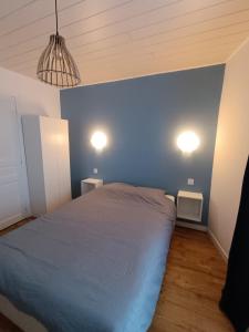 una camera da letto con una parete blu, un letto e due luci di Studette pour 1 ou 2 personnes a Chaumont