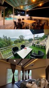 un collage di 2 immagini di una camera da letto e di un balcone di Lifeline Villas - Skyy High Luxurious Villa With Table Land & Valley View Villa a Panchgani