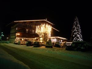 een gebouw met een kerstboom en auto's geparkeerd voor het bij Hotel Trento in Pozza di Fassa