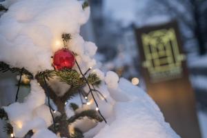 een kerstversiering op een kerstboom bedekt met sneeuw bij Villa Rein Boutiquehotel in Bad Reichenhall