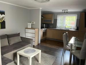 un soggiorno con divano e tavolo di Apartament Lazur a Piła