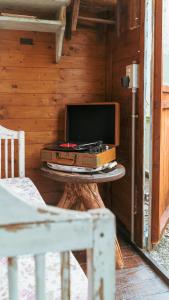 - une télévision et une valise sur une table dans une cabine dans l'établissement La Serra Sognante, un rifugio incantevole tra natura e relax, à Florence