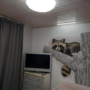 Cette chambre dispose d'une télévision et d'un chat sur un mur. dans l'établissement Три горішки, à Yaremtche