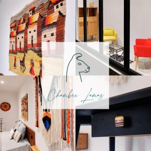 a collage of photos of a room with a painting on the wall at LE FIEF GUIBERT Hôtel particulier Maison d'hôtes et Gîtes in Le Poiré-sur-Vie