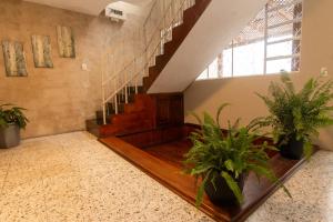 un hall avec un escalier et des plantes en pot dans l'établissement In & Out Hotel, à Guatemala