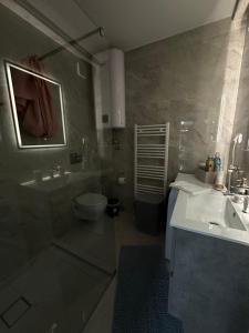 a bathroom with a sink and a toilet and a mirror at Apartment Athens in Sombor