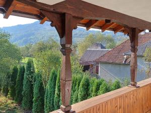 eine Holzveranda mit Blick auf einen Weinberg in der Unterkunft Casa Grad in Vişeu de Sus