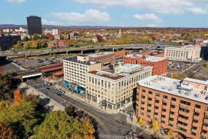 an overhead view of a city with buildings and a street at The Capitol Hotel, Ascend Hotel Collection in Hartford