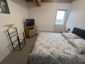 ein Schlafzimmer mit einem Bett und einem TV auf einem Stand in der Unterkunft Appartement au pied des Vignes in Vosne-Romanée