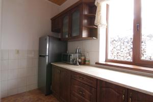 a kitchen with a black refrigerator and a window at Proskurov Holiday Home in Bukovel