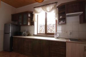 a kitchen with a refrigerator and a window at Proskurov Holiday Home in Bukovel