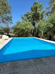 una piscina azul con árboles en el fondo en EL PEDREGAL Casa en Cafayate, en Cafayate