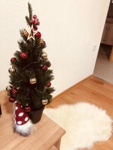 een kerstboom in een pot naast een tapijt bij Travnik Nostalgia Apartment in Travnik