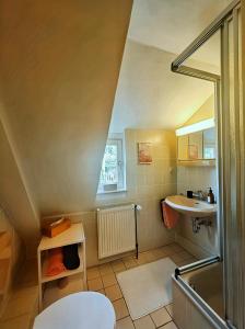 een kleine badkamer met een wastafel en een toilet bij LATE ESCAPE DEAL ZUM JAHRESWECHSEL - Gemütliches Studio unterm Dach mit Blick über Kinzigtal in Gelnhausen