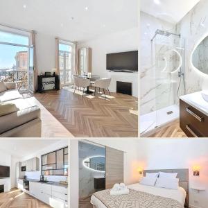 Luxury Cannes SeaView Balcony - 3 min PALAIS & BEACH tesisinde bir odada yatak veya yataklar