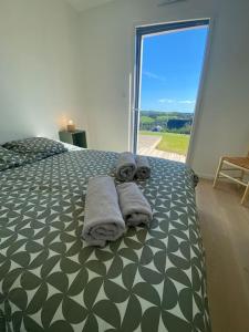 een slaapkamer met een bed met handdoeken erop bij Maison neuve vue panoramique sur la mer 6 pers à Crozon in Crozon