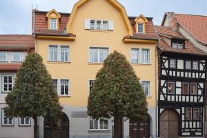 una casa amarilla con dos árboles delante de ella en Ferienwohnung Ferdinand, en Bad Langensalza