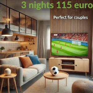 een woonkamer met een tv met een voetbalspel erop bij Stockerau Comfort Studio 1 BR for 2 in Stockerau