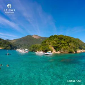 un groupe de bateaux dans l'eau près d'une île dans l'établissement Pousada Papiro Boutique, à Abraão