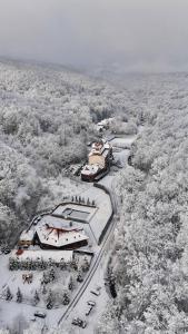 ein Zug, der im Schnee auf einer Strecke fährt in der Unterkunft Solva Resort & SPA in Poljana