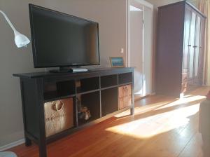 een flatscreen-tv op een zwart entertainmentcentrum in een woonkamer bij Emely Ferienwohnung in Röbel