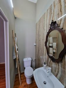 een badkamer met een wit toilet en een spiegel bij Vintage Beach House in Matosinhos