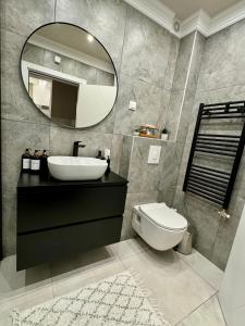 a bathroom with a sink and a mirror and a toilet at Premium Line Apartman in Sombor