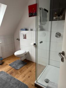 uma casa de banho com um WC e uma cabina de duche em vidro. em PL Home em Kehl am Rhein