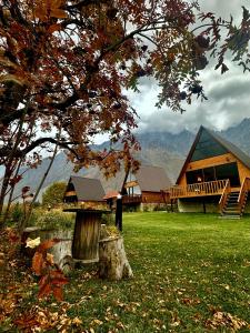 ein Haus mit Baumstumpf im Gras in der Unterkunft Hillside Kazbegi in Kazbegi