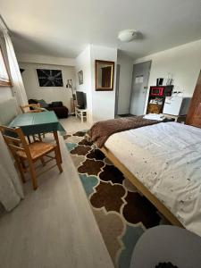 una camera con letto, tavolo e divano di Chez les Michel a Viry