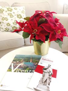 a table with a vase with red flowers and a magazine at Casa Pallamaio Historic Center Vicenza in Vicenza