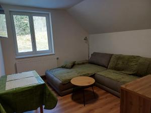 ein Wohnzimmer mit einem Sofa und einem Tisch in der Unterkunft Appartements Dorner in Steinhaus am Semmering