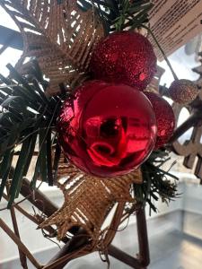 um ornamento de vidro vermelho numa árvore de Natal em My Sky Përmet em Përmet