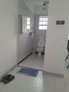 a bathroom with a toilet and a blue mat on the floor at Simply stylish Gardens Naivasha in Naivasha