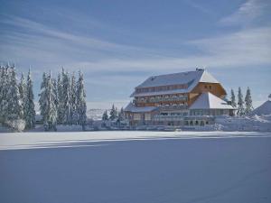 een groot gebouw in de sneeuw met bomen en een veld bij Berghotel Mummelsee in Seebach