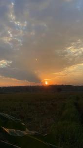 una puesta de sol en un campo con el sol en el cielo en BaanlungchuHomestay&Cafe, en Amphoe Mae Taeng