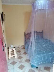 a bedroom with a bed with a canopy and a stool at EUGENE HOMES Guest House in Gilgil