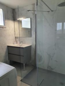 La salle de bains est pourvue d'un lavabo et d'une douche en verre. dans l'établissement Studio Le Petit Baigneur, à Aytré