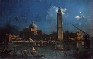 uma pintura de uma cidade com uma torre de relógio em Palazzo Verrienti em Veneza