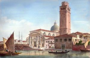 uma pintura de uma cidade com uma torre de relógio em Palazzo Verrienti em Veneza