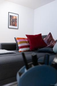 a living room with a couch with colorful pillows at Taros Home - Deluxe Apartment in Herrenberg