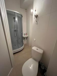 uma casa de banho branca com um chuveiro e um WC. em Центрум Апартаментс em Lviv