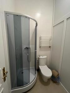 uma casa de banho com um WC e uma cabina de duche em vidro. em Центрум Апартаментс em Lviv